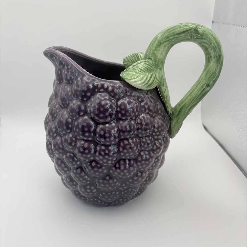 Vintage Ceramic Black Raspberry Bunch Pitcher 8" Tall Purple Green Fruit Summer